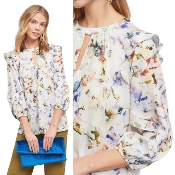 Anthropologie Dolan Floral Long Ruffle Sleeve Blouse Size Medium - Picture 2 of 15